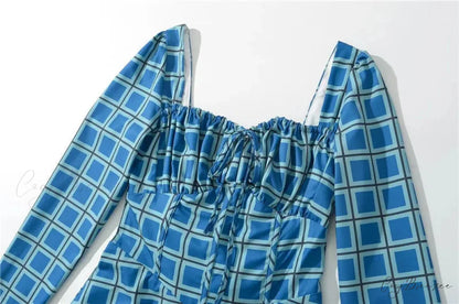 Gingham Print Long Charming Sleeve Mini Dress