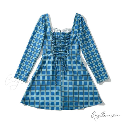 Gingham Print Long Charming Sleeve Mini Dress