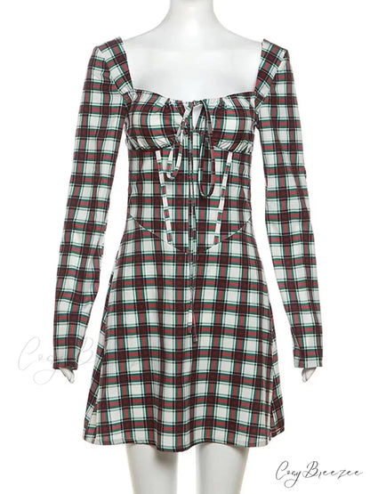 Gingham Print Long Charming Sleeve Mini Dress
