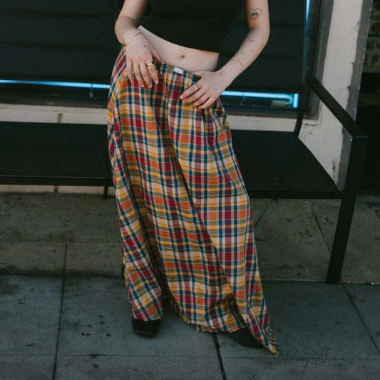 Gingham Ruffle Plaid Midi Skirt brown / S skirts-250223