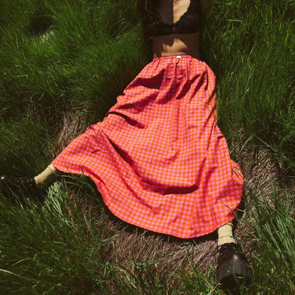 Gingham Ruffle Plaid Midi Skirt skirts-250223