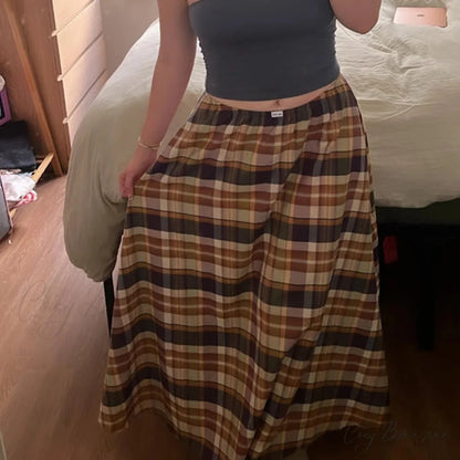 Gingham Ruffle Plaid Midi Skirt skirts-250223