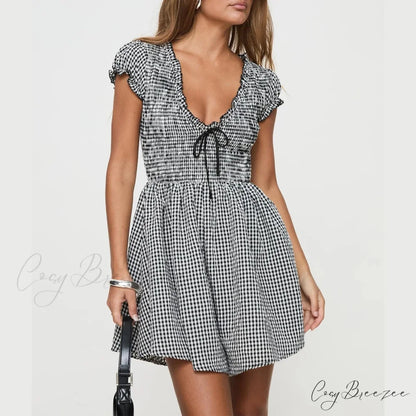Gingham Smocked Babydoll Mini Gown Black / S minidress-250223