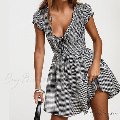 Gingham Smocked Babydoll Mini Gown minidress-250223