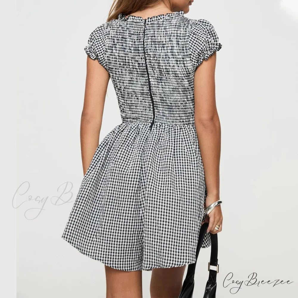 Gingham Smocked Babydoll Mini Gown minidress-250223