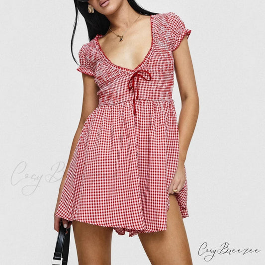 Gingham Smocked Babydoll Mini Gown Red / S minidress-250223