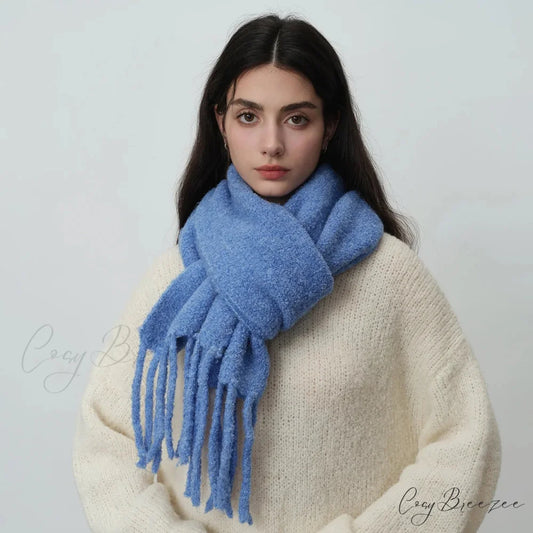 Glacier Blue Knitted Wool Scarf with Tassels for Women