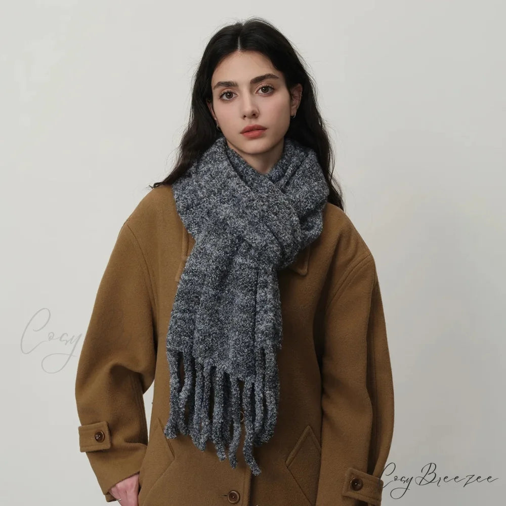 Glacier Blue Knitted Wool Scarf with Tassels for Women Black-gray gradient / L215CM W27CM