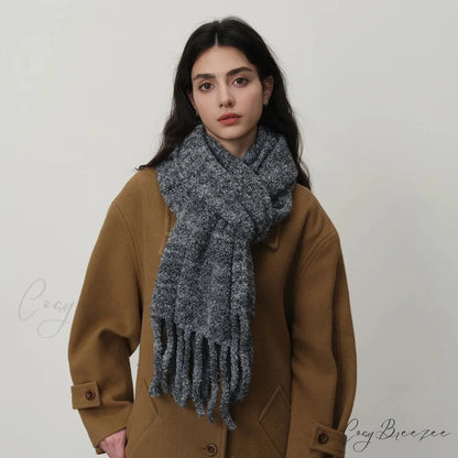 Glacier Blue Knitted Wool Scarf with Tassels for Women Black-gray gradient / L215CM W27CM