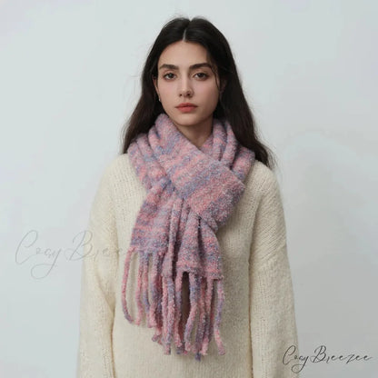 Glacier Blue Knitted Wool Scarf with Tassels for Women Cherry grey / L215CM W27CM