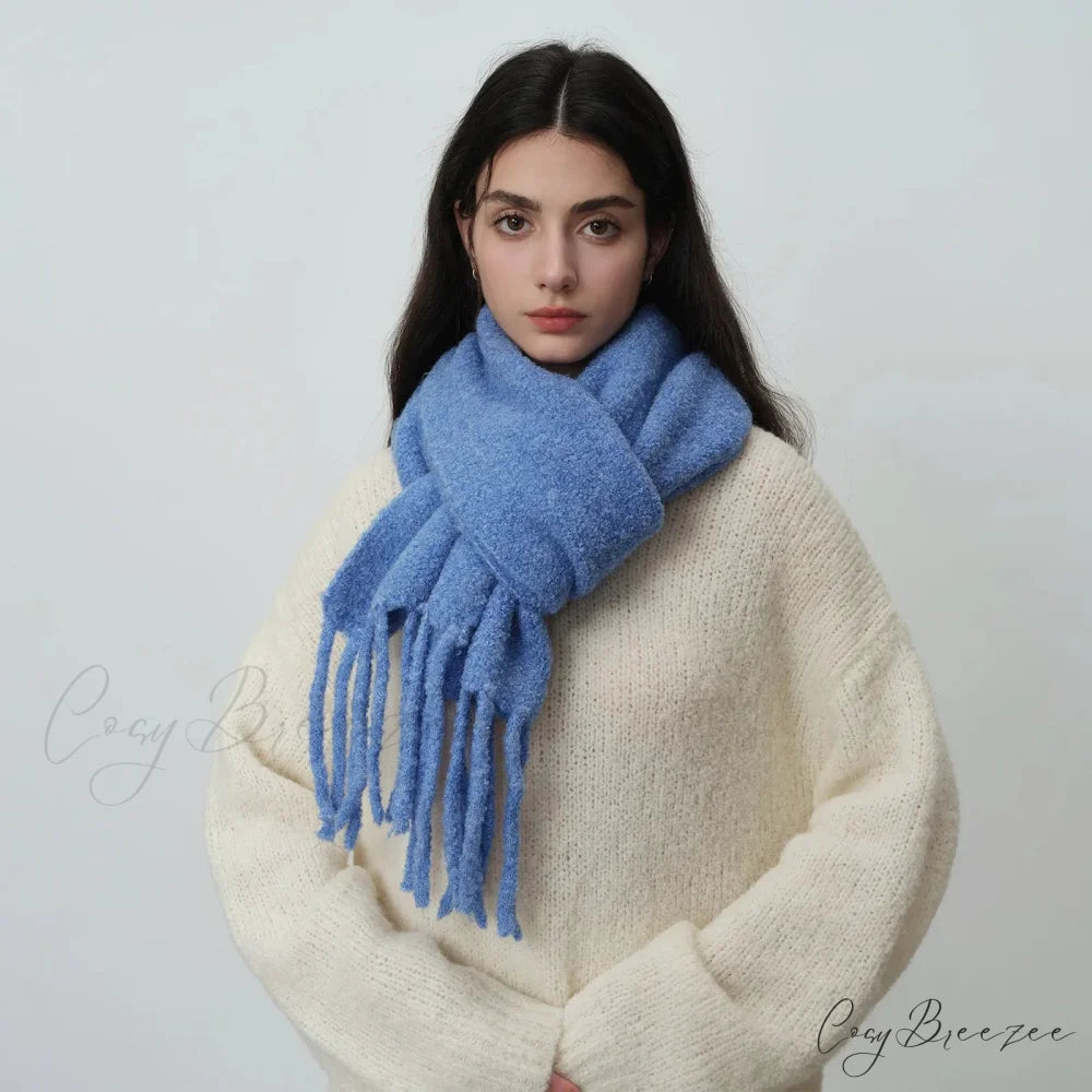 Glacier Blue Knitted Wool Scarf with Tassels for Women Deep blue / L215CM W27CM