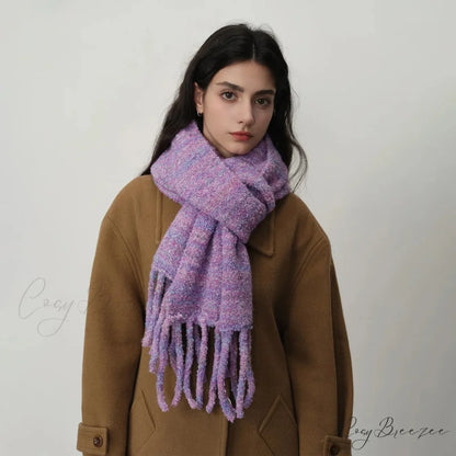 Glacier Blue Knitted Wool Scarf with Tassels for Women violet / L215CM W27CM