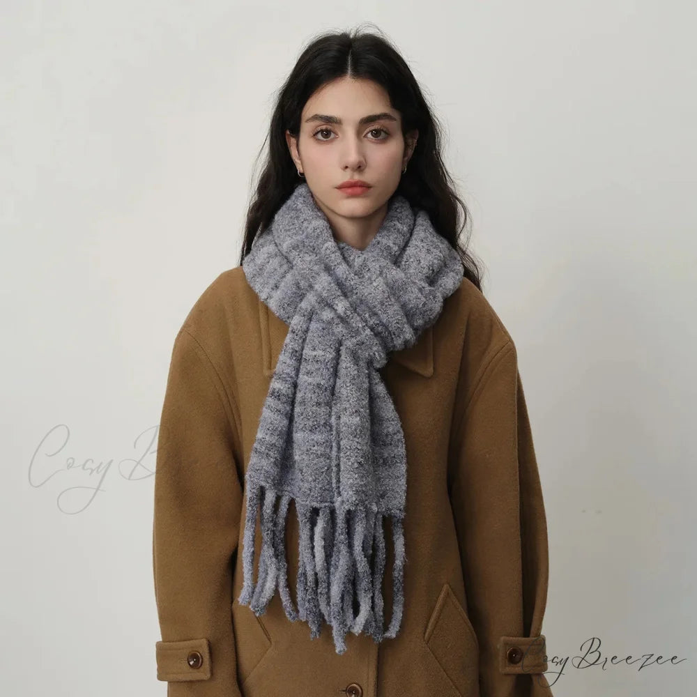 Glacier Blue Knitted Wool Scarf with Tassels for Women White-gray gradient / L215CM W27CM
