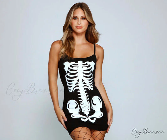 Glam Ghoul Skeleton Charming Print Mini Dress BLACK / XS