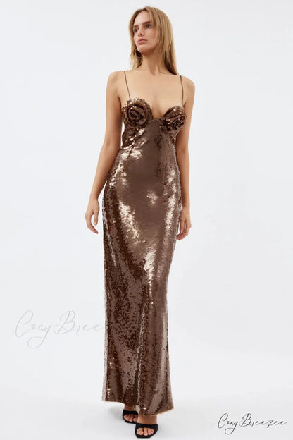 Glamorous Affair Bustier Trendy Brown Sequin Maxi Dress Brown / XS