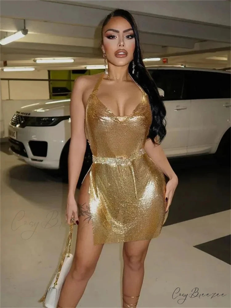 Glitter Backless Bodycon Mini Dress Gold / S