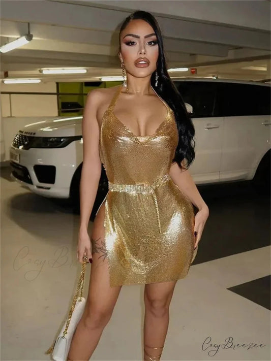 Glitter Backless Bodycon Mini Dress Gold / S