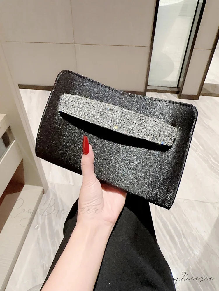 Glitter Diamond Evening Clutch Black wristlet-250126