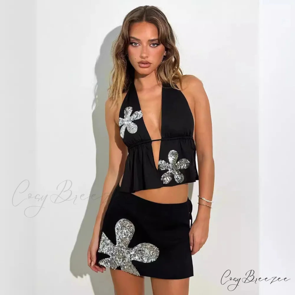 Glitter Floral Set for Beach Resort Formal Dress promdress-250223