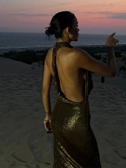 Glitter Halter Maxi Party Dress