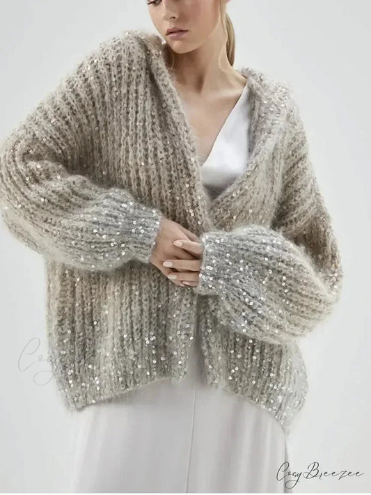 Glitter Hooded Long Sleeve Cardigan gray / S