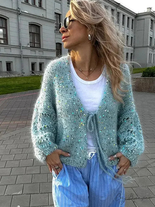 Glitter Lace Up Elegant V-neck Cardigan