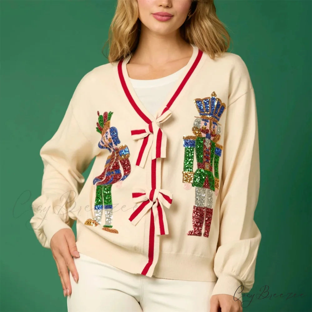 Glitter Sequin Soldier Pattern Cardigan BEIGE / S