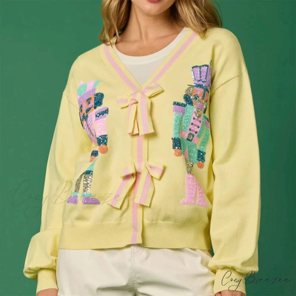 Glitter Sequin Soldier Pattern Cardigan YELLOW / S
