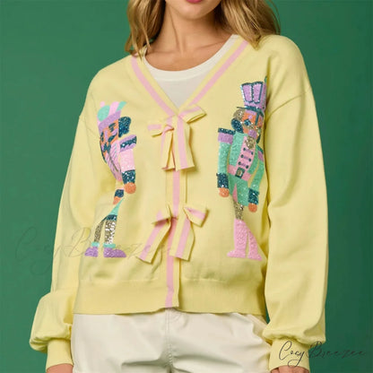 Glitter Sequin Soldier Pattern Cardigan YELLOW / S