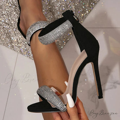 Glittering Rhinestone Zip-Wrap Sandals Transparent Sexy Open-Toe Summer Party High Heel