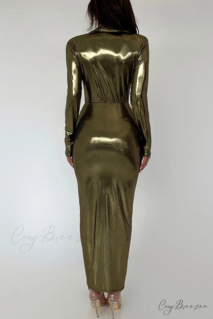 Glossy V Neck Ruched Slit Dress