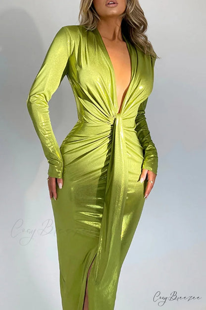Glossy V Neck Ruched Slit Dress Green / L