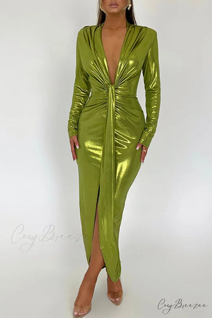 Glossy V Neck Ruched Slit Dress Green / S