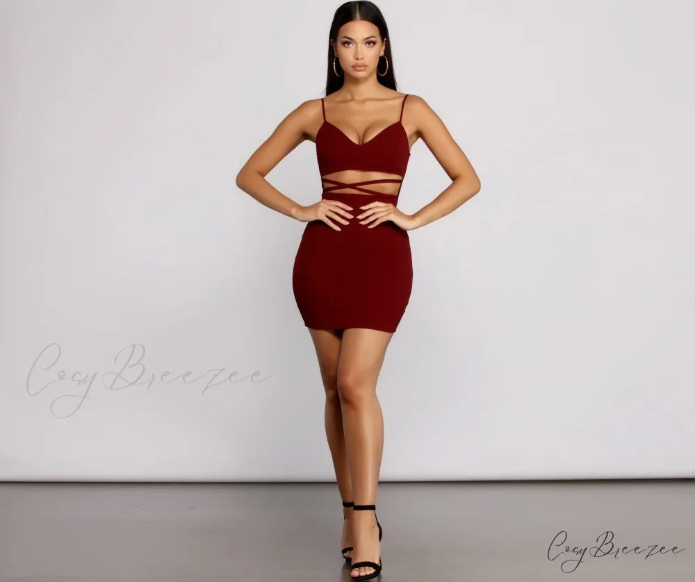 Go All Out Waist Graceful Cut Out Crepe Mini Dress
