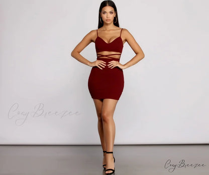 Go All Out Waist Graceful Cut Out Crepe Mini Dress