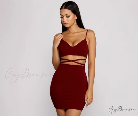 Go All Out Waist Graceful Cut Out Crepe Mini Dress BURGUNDY / XS