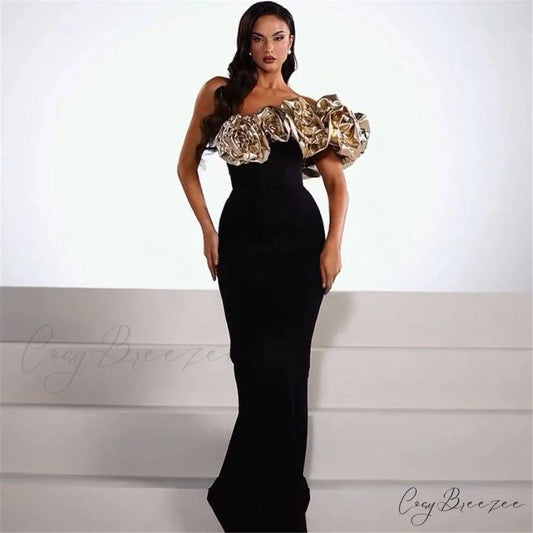 Gold Ruffled Off-Shoulder Bandage Formal Dress black / XS promdress-250223