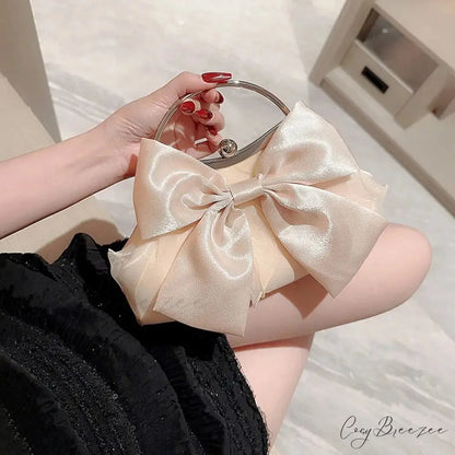 Gold Silk Bowknot Evening Bag Women Elegant Banquet Shoulder Handbag Gold clutchbag-250126