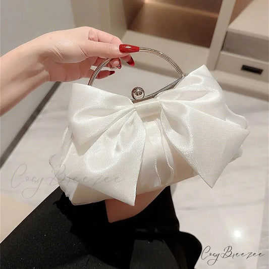 Gold Silk Bowknot Evening Bag Women Elegant Banquet Shoulder Handbag White clutchbag-250126