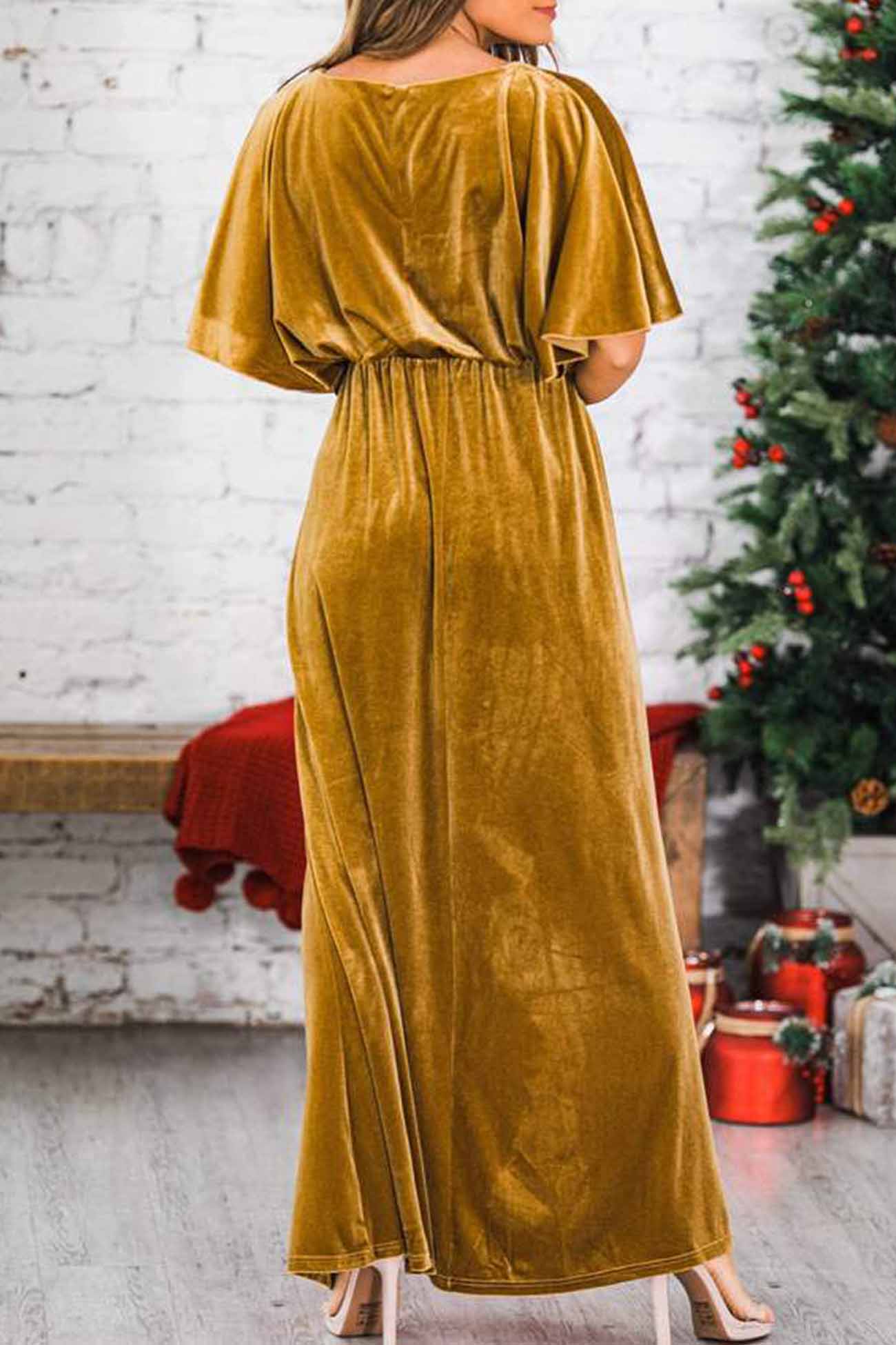 Velvet Crew Neck Midi Dress with High Slit