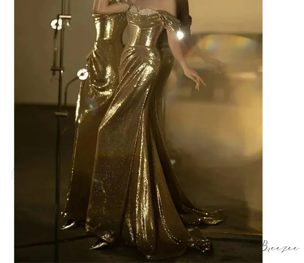 Golden Backless Sequined Party Dress