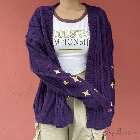 Golden Star Embroidery Button Cardigan purple / S cardigans-241228