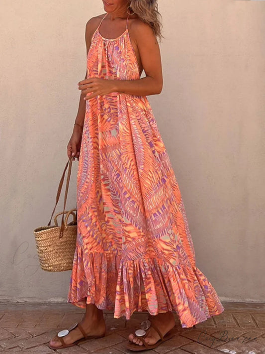 Golden Times Ethnic Print Graceful A-line Vacation Maxi Dress Multicolor / S