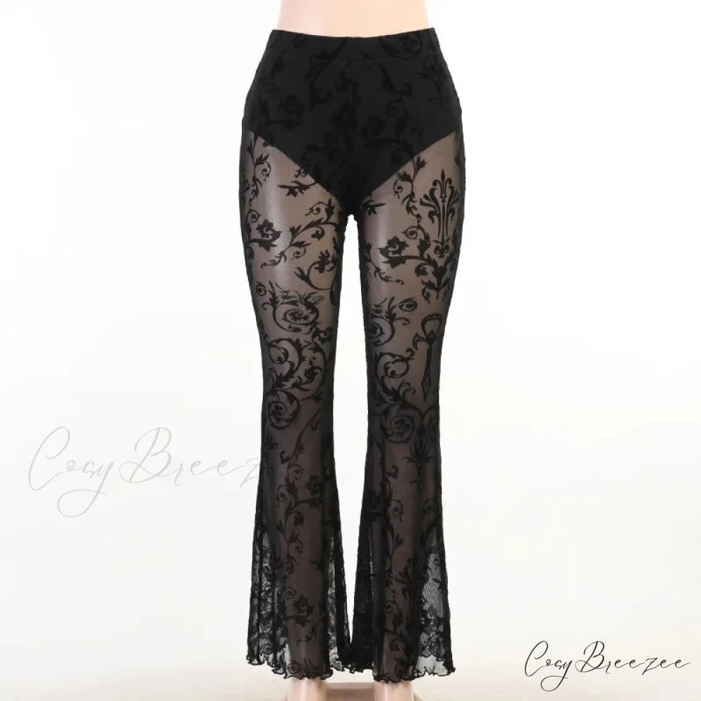 Goth Aesthetic Black Flared Pants Harajuku Sexy See Through Pants Black / S