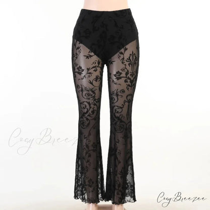 Goth Aesthetic Black Flared Pants Harajuku Sexy See Through Pants Black / S