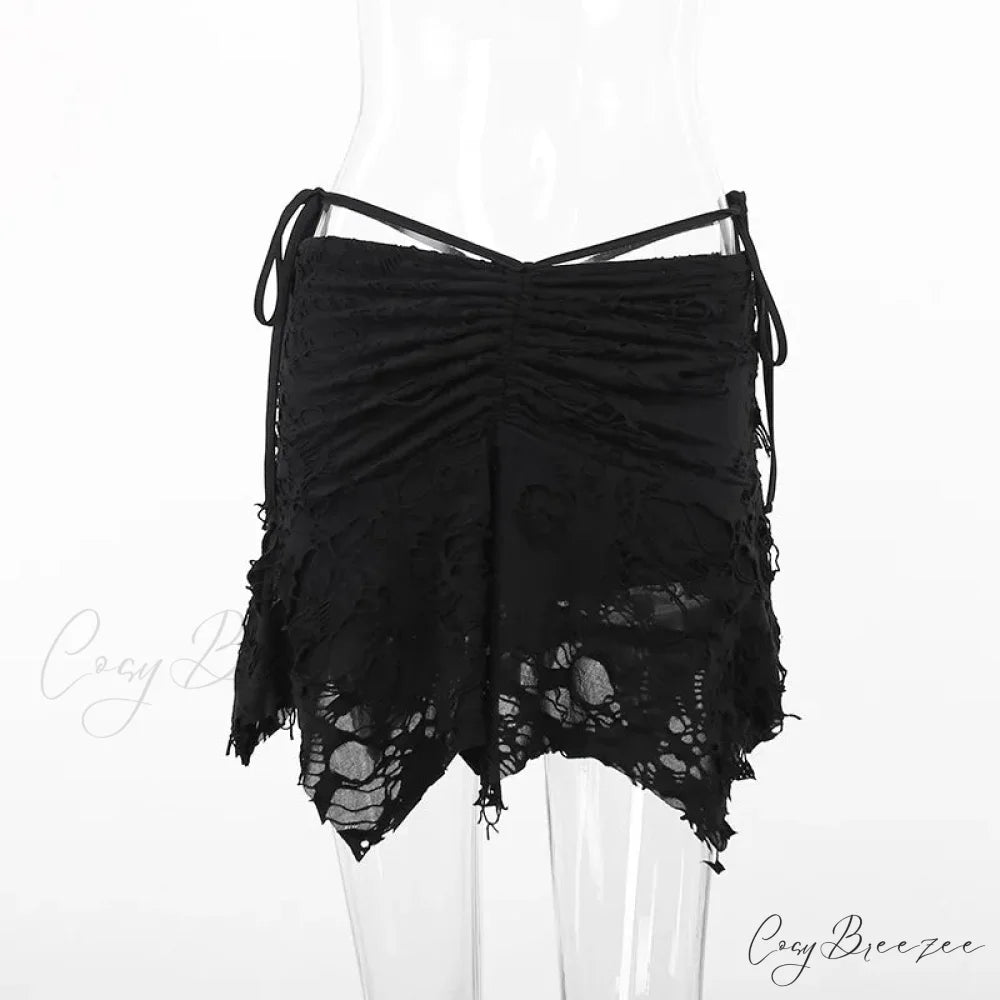 Goth Black Holes Lace-up Mini Sexy Vintage Folds Irregular Bodycon Short Women New Fashion Skirt Black / S