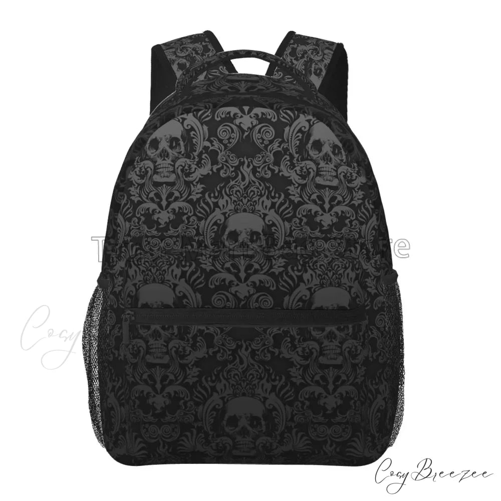 Goth Black Skull Damask Pattern Casual Unisex Travel Daypack Bag Black