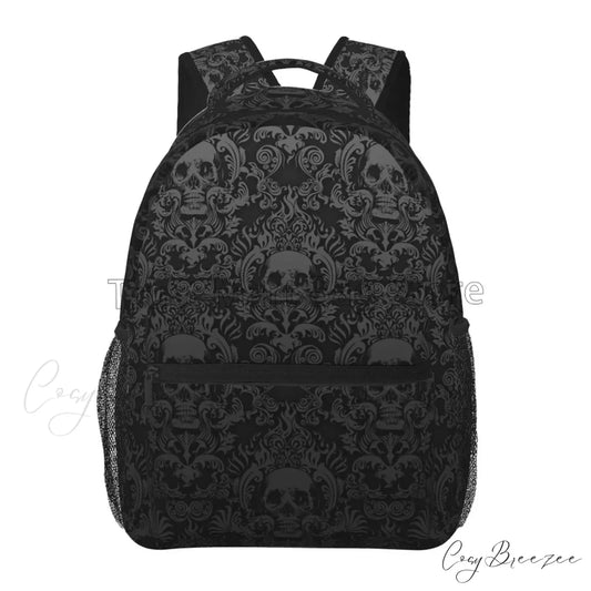 Goth Black Skull Damask Pattern Casual Unisex Travel Daypack Bag Black