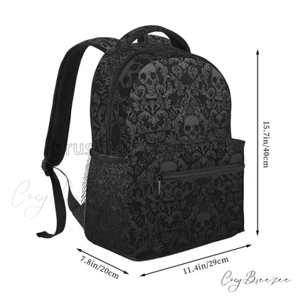 Goth Black Skull Damask Pattern Casual Unisex Travel Daypack Bag Black