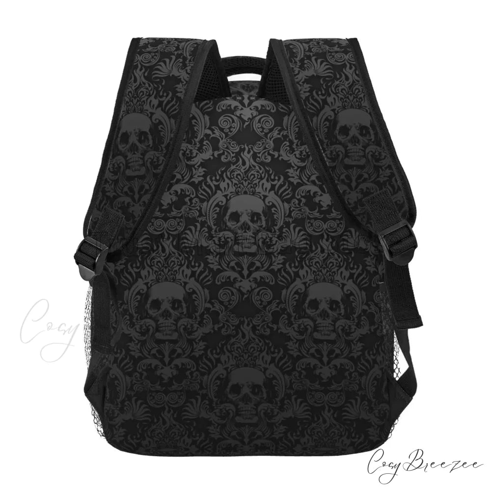 Goth Black Skull Damask Pattern Casual Unisex Travel Daypack Bag Black